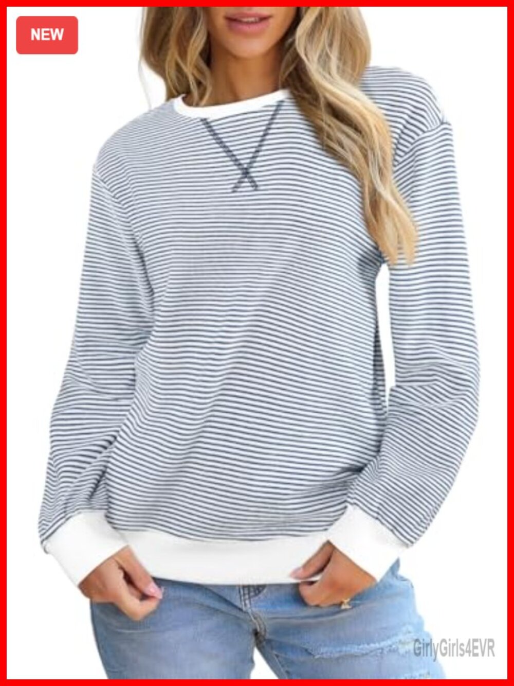 Women's Striped Crewneck Sweatshirt Cotton Blend Long Sleeve Pullover Top
